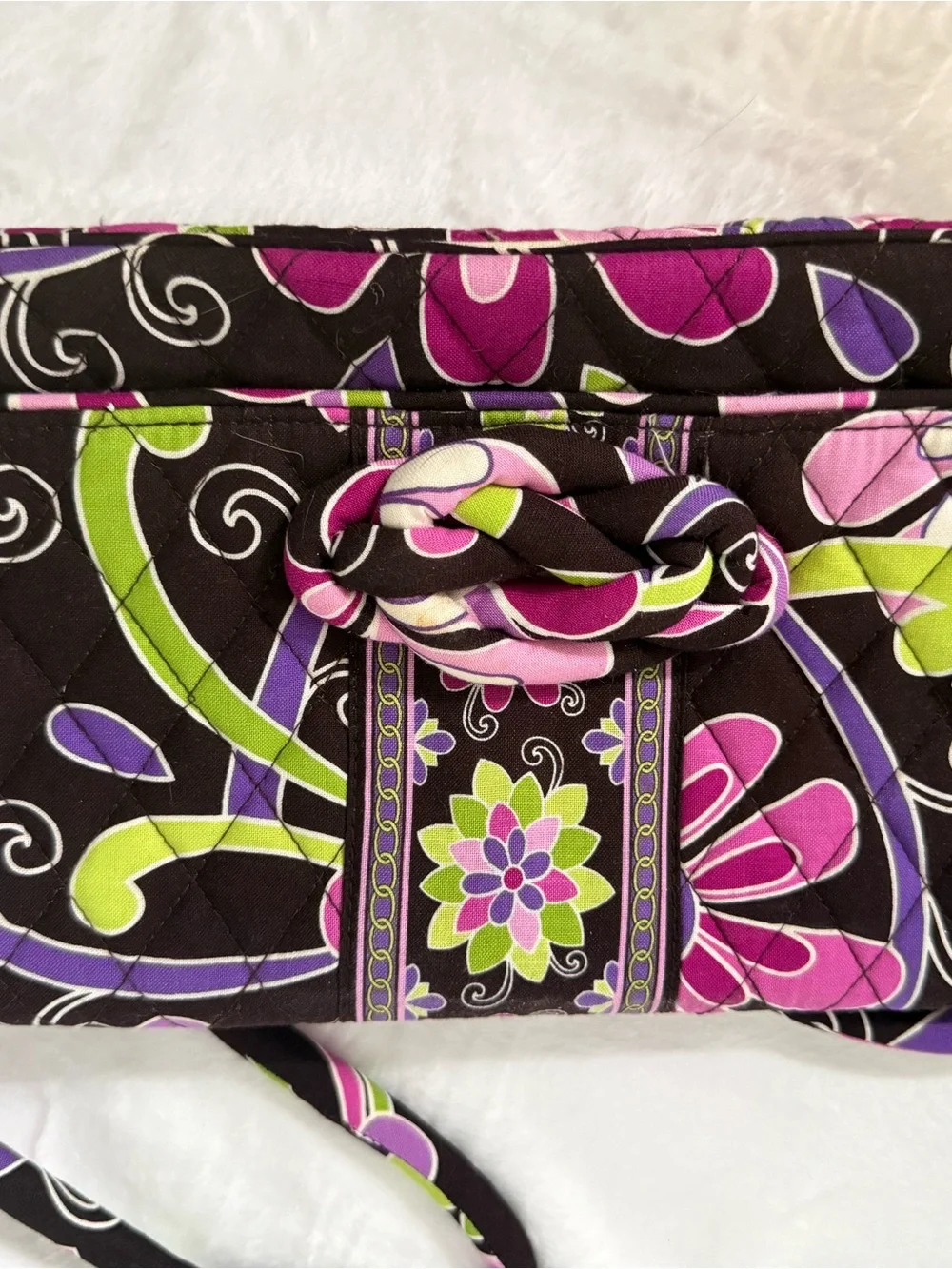 Vera Bradley Black Floral Quilted Wristlet with Pink and Green Accents